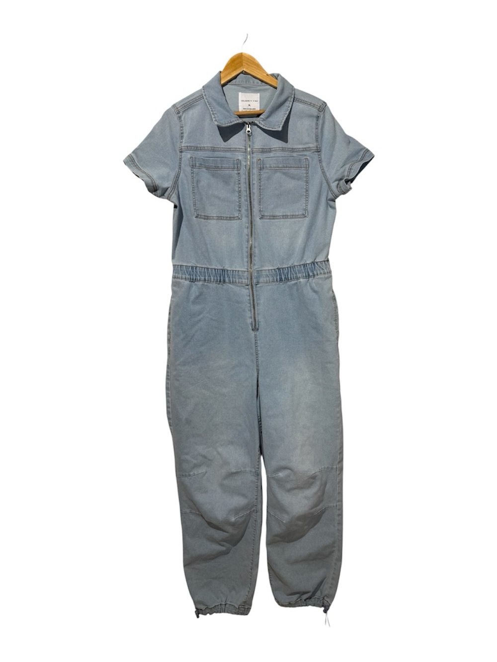 Celebrity Pink Light Wash Denim Jumpsuit Short Sleeve Utility Style size XL